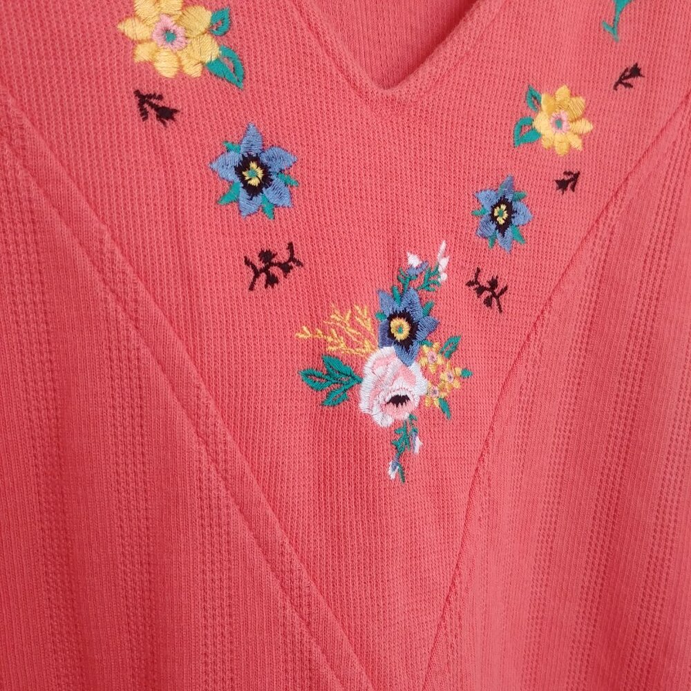 Vintage cotton blend embroidered knit top coral pink floral embroidery M… - Picture 3 of 11